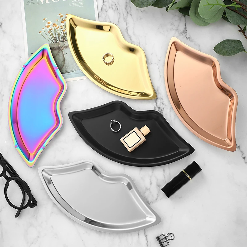 Lippenförmiges Schmucktablett aus Edelstahl, Metalltablett zur Schmuckaufbewahrung für Damen, Dekoratives Kosmetiktablett für Zuhause