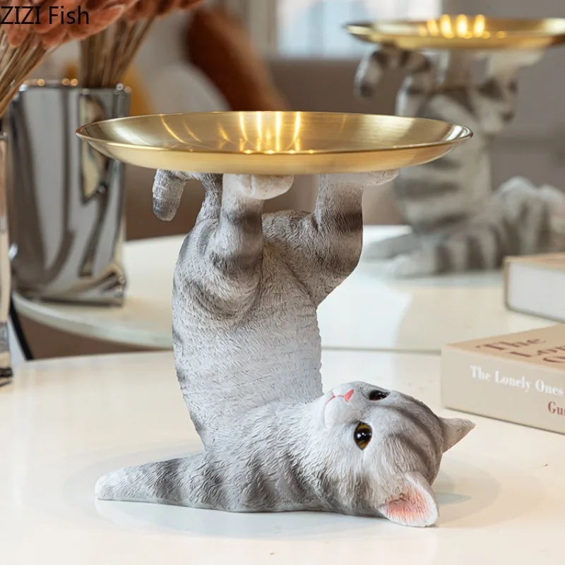 Cat Key Storage Ornaments Resin Animal Sculpture Metal Storage Tray Home Accessories Decoration Crafts Candy Plate Snack Tray