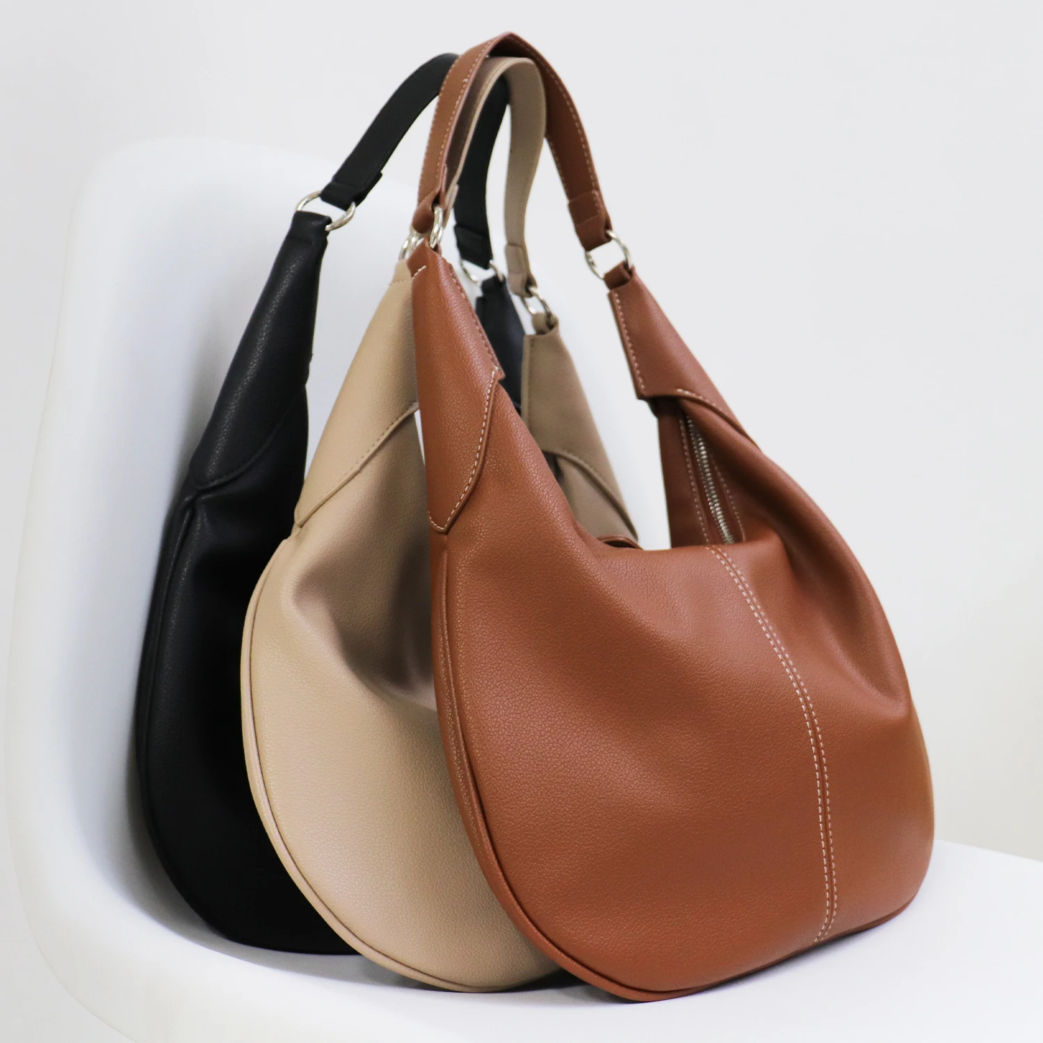 CR Daily Fashion PU Vegan Leather Women Hobo Simple Casual Solid Color Shoulder Bags Large Capacity Handbag Purse Underarm Pouch