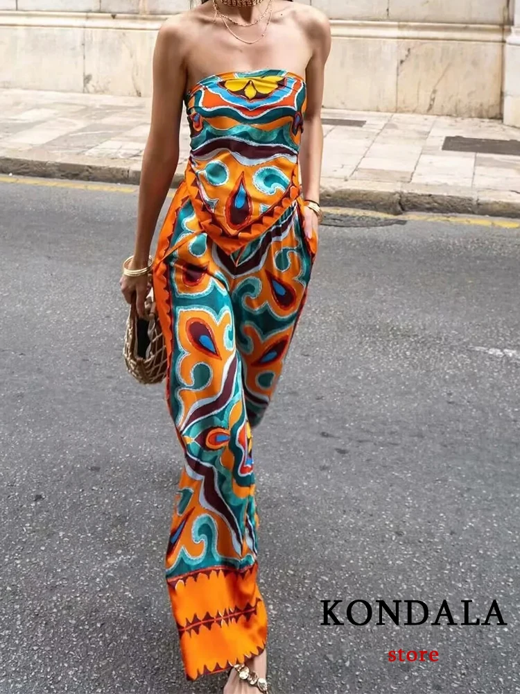 

KONDALA Vintage Bohemian Print Women Suit Strapless Lace-up Top+High Waist Straight Long Pants New Fashion 2023 Summer Sets