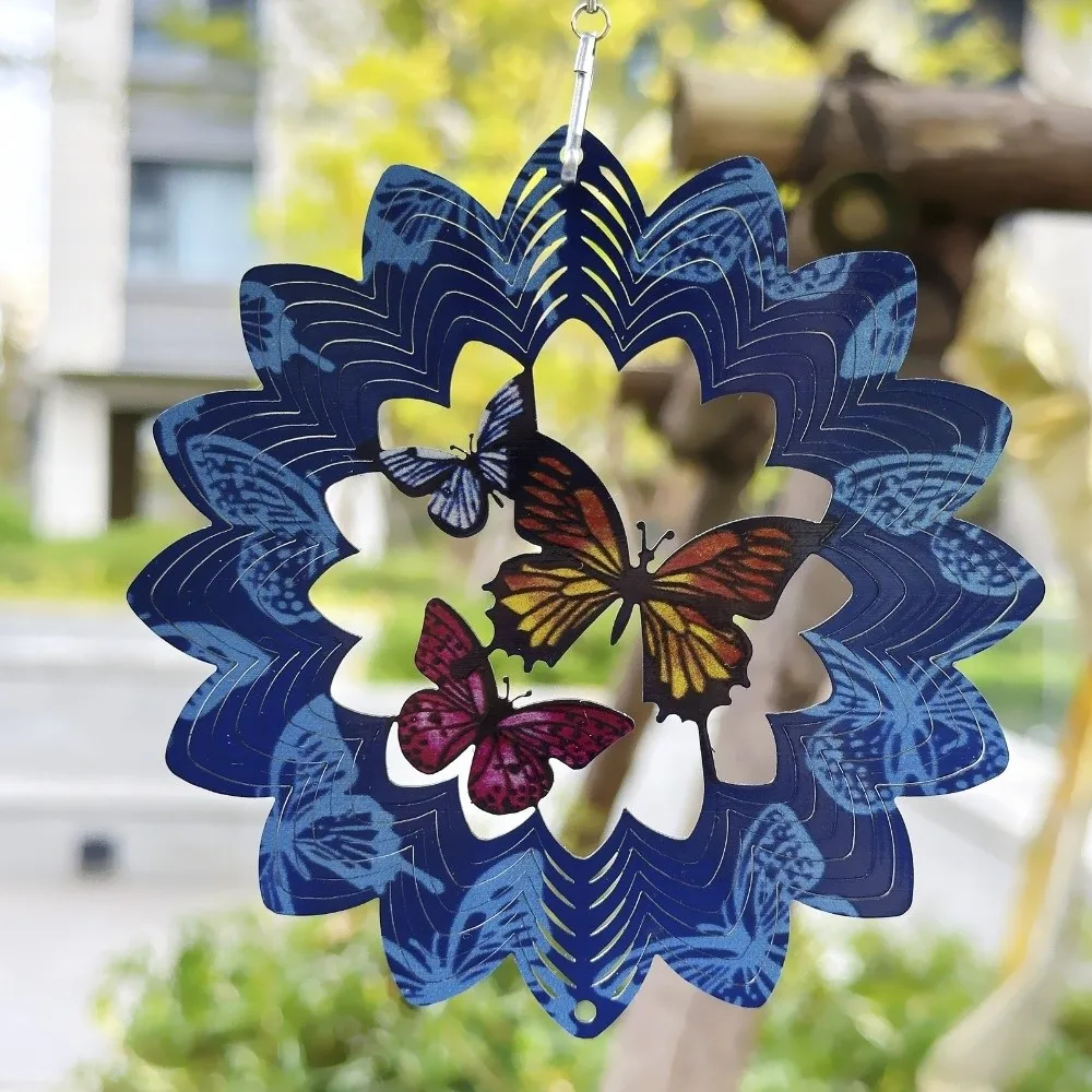 Creative 3D Mandala Wind Chime Butterfly Flower Rotating Pendant Stainless Steel Four-leaf Clover Wind Spinner Balcony Ornament