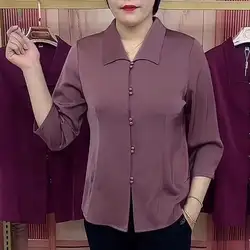 Middle Aged Lady Mother's Shirt Women's 2024 Autumn New Item Clean Color Lapel Seven Quarter Sleeve Small Shirt Versatile Shirts