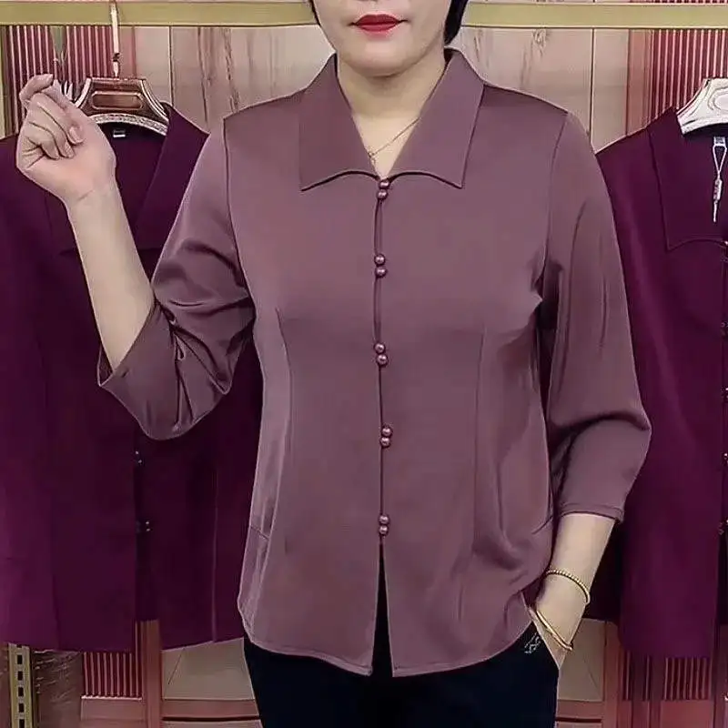 Middle Aged Lady Mother's Shirt Women's 2024 Autumn New Item Clean Color Lapel Seven Quarter Sleeve Small Shirt Versatile Shirts