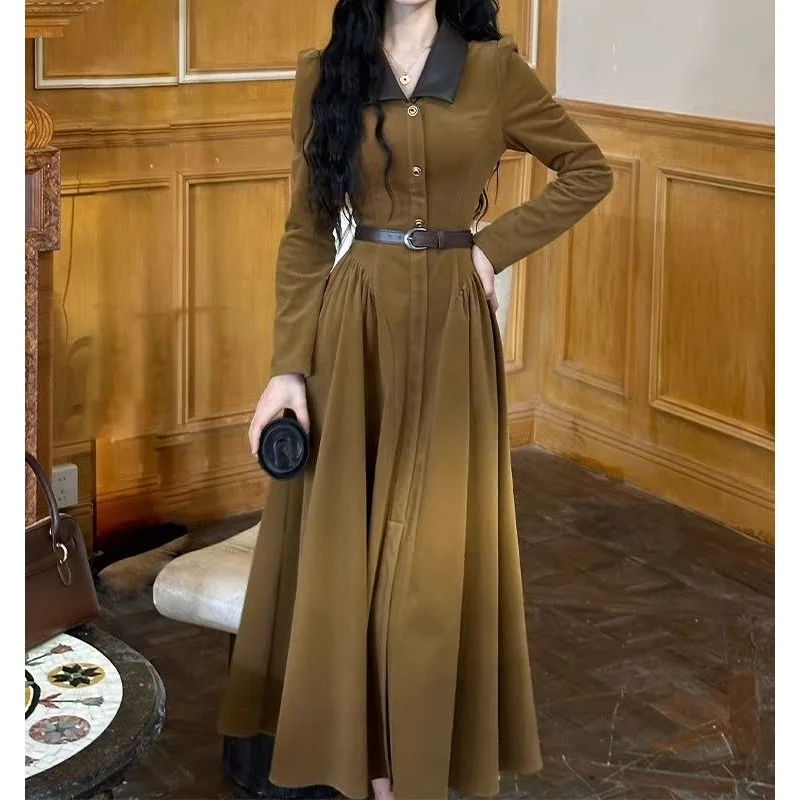 French-style Stunning Temperament Retro Lapel Velvet Dress 2025 Autumn and Winter New Style, Slim and Waist-cinching Long Skirt