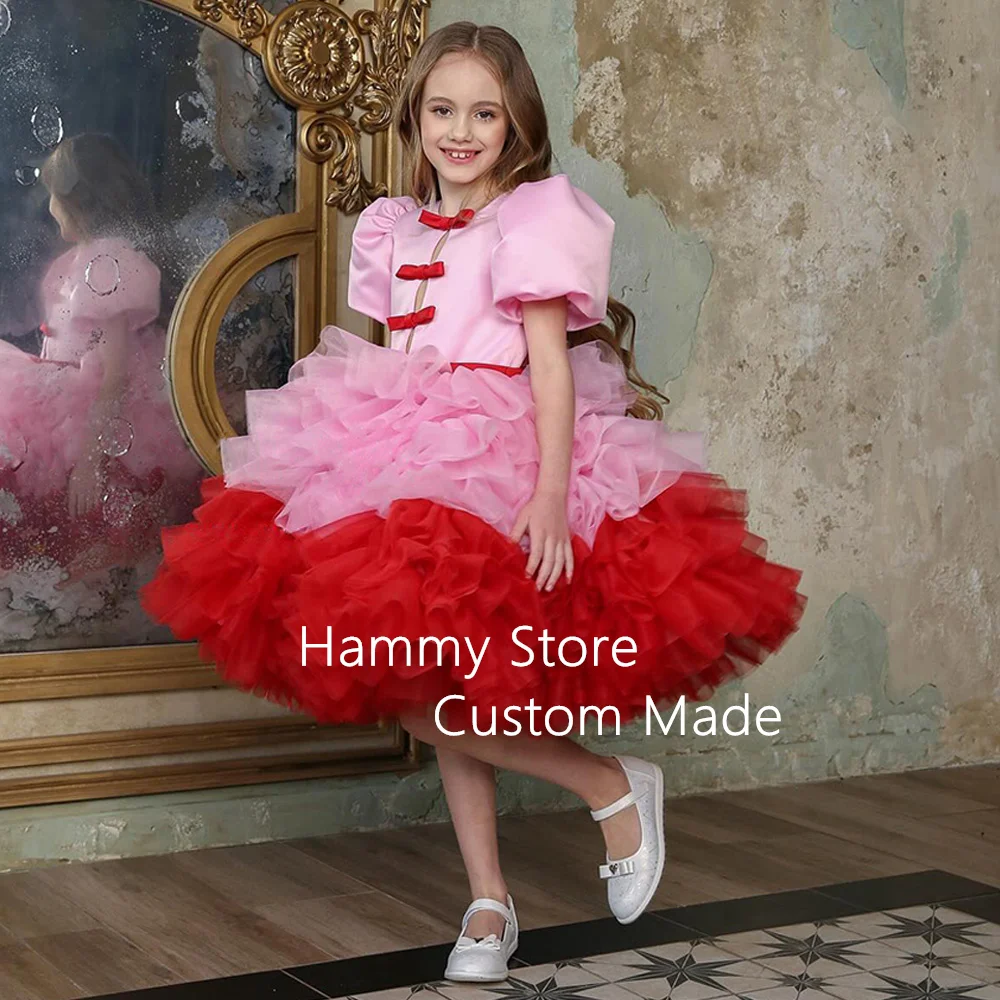 Pink Red Flower Girl Dress Customized Short Sleeves Bow Ruffles Tulle Birthday Dresses Princess Pageant Party Gown for Girls