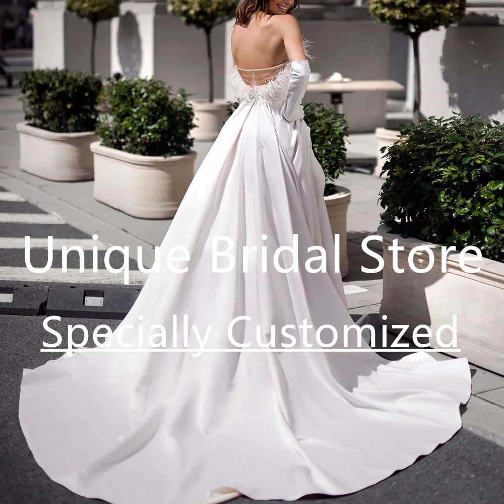 Exquisite Wedding Dresses Sweetheart Draped with Feather Court Train Backless Back Zipper Satin Bridal Party Gowns Customized