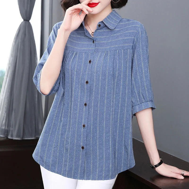 2024 Summer Three Quarter Polo-Neck Large Size Women\'s Clothing Solid Color Striped Temperament Office Lady Shirt Slim Tops