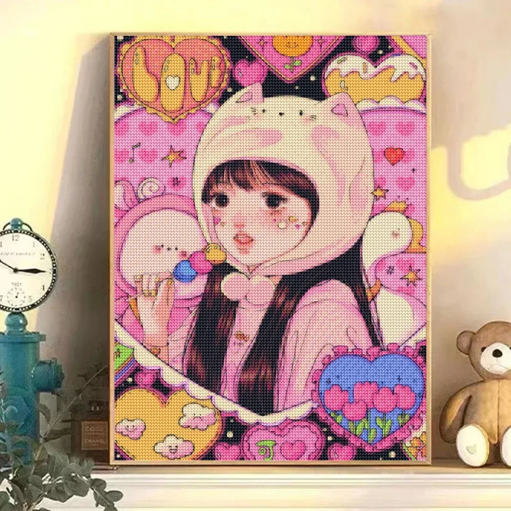 5D DIY Diamond Painting Cartoon Girl Full Round Diamond Mosaic Embroidery Anime Character Cross Stitch Set Home Decoration Gift