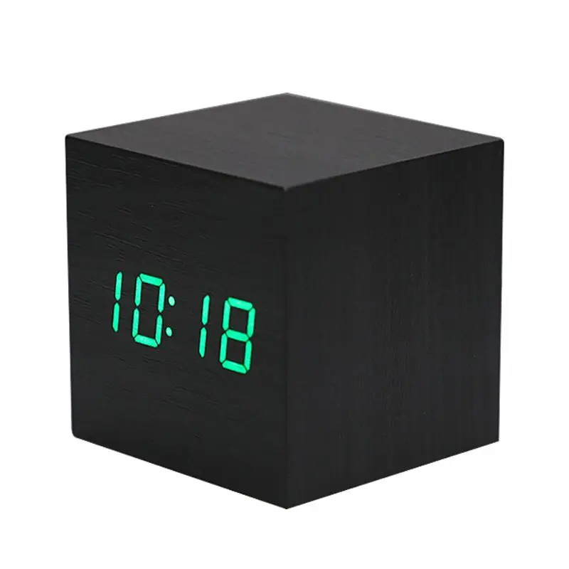 Mini Wooden Cube LED Digital Alarm Clock Black Wood Grain Green Display Silent Desktop Clock For Bedroom Home Office Decor