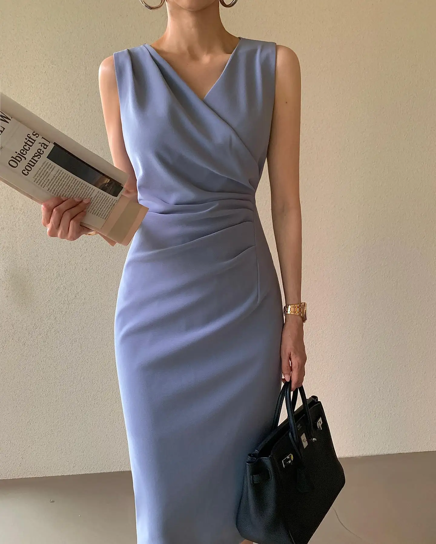 

2Colors 2025 Cross V Neck Party Elegant Dress Women Sexy Sleeveless Tunic Robe Femme Vintage Summer Solid Maxi Dresses (W10040)