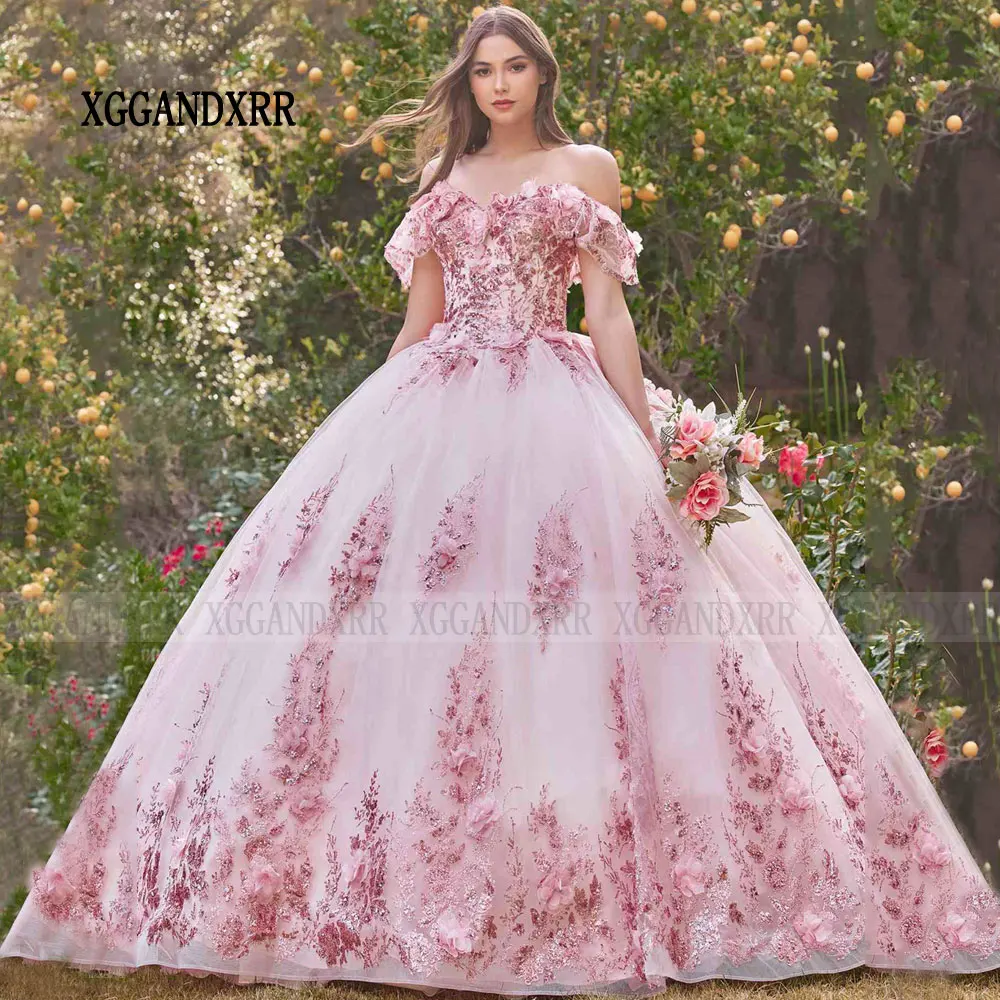 Vestido de luxo quinceanera rosa ou lilás, princesa vestido de baile florido 3D, vestido de festa 15 doces, grande arco, 2022