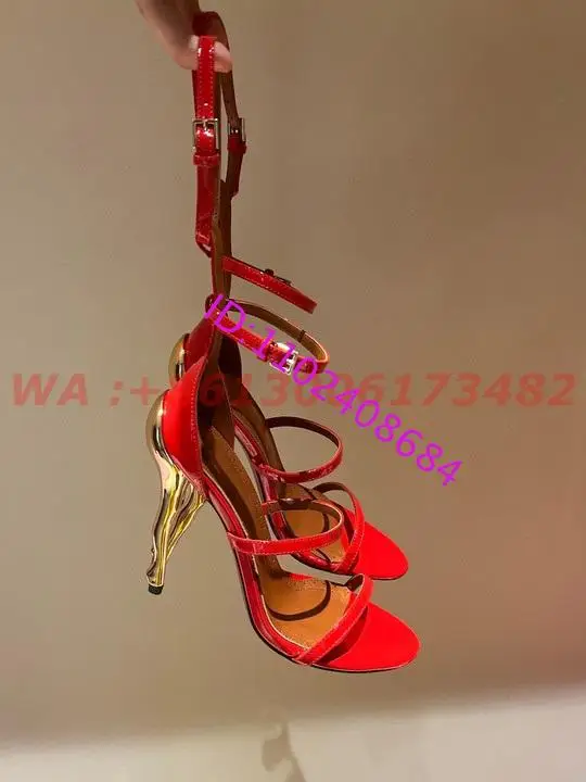New Fashion Design Women Gold Cabaret Sculptural-Heel Strappy Sandals Ankle Strap Heel Cabaret Dancers Sandals Plus Size