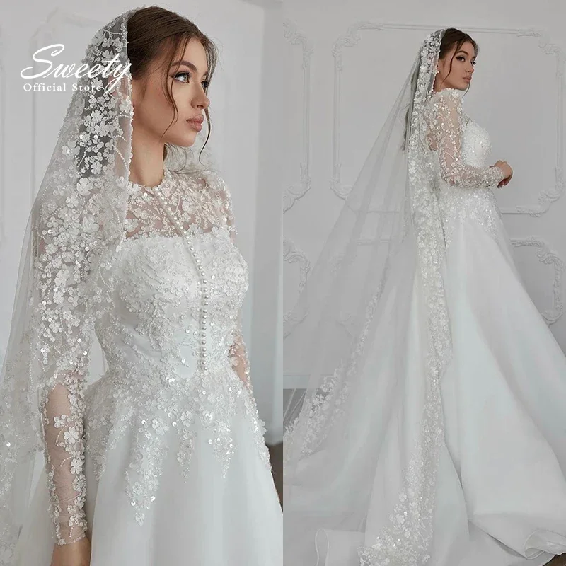 

Luxury Wedding Dress Organza With Embroidery Sequins A-Line Ballgown O-Neck Fullsleeve Church Button Vestido De Novia Customized