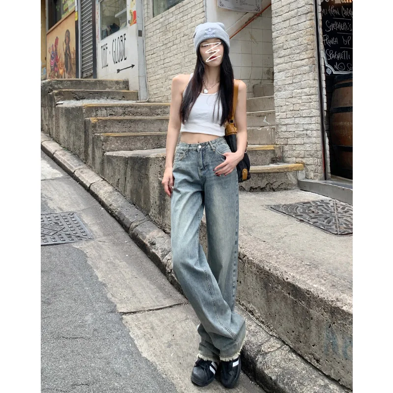 

Jeans Woman 2024 New Spring High Waist Women Clothing Nostalgic Plush Edge Jeans Women's Loose Wide Leg Pants