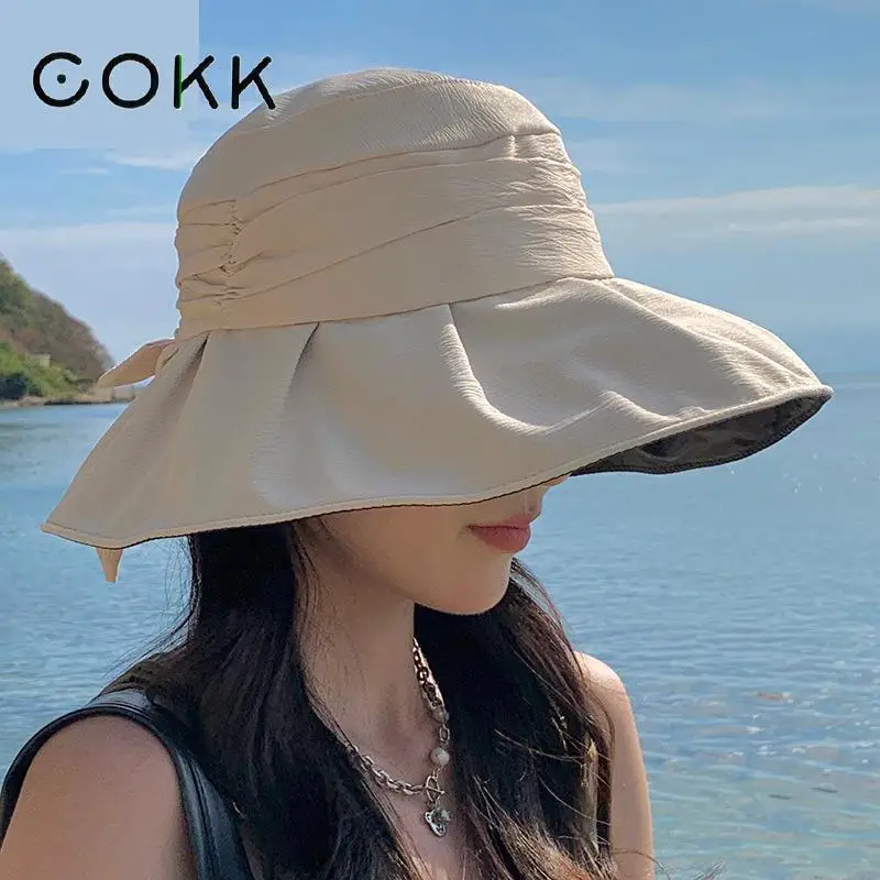 

COKK Summer Hat Women Sunscreen Outdoor Beach Fisherman Cap Uv Protection Sun Hats For Women With Bow Gorro Wide Brim New