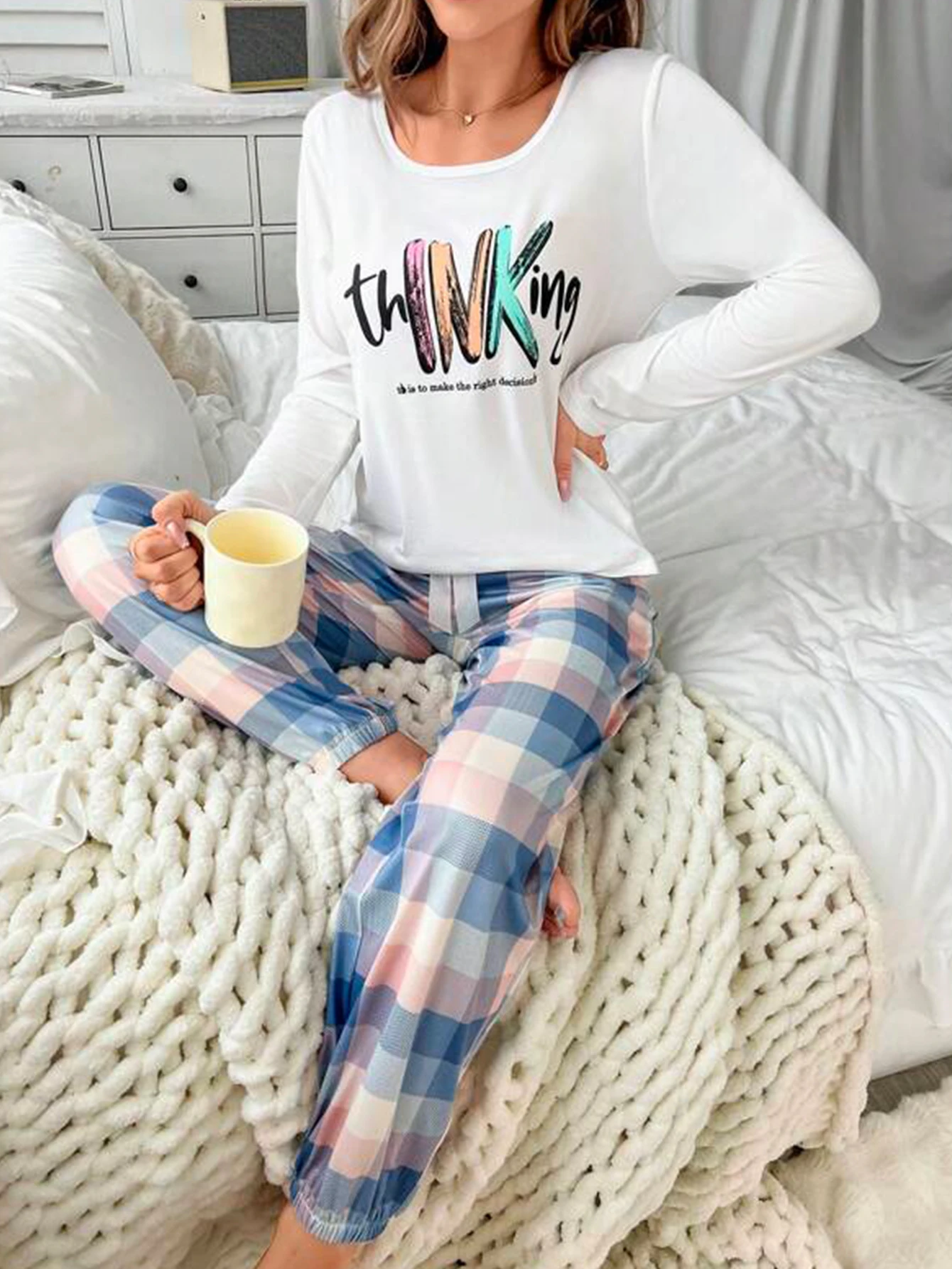 Women Pajama Set Long Sleeve Round Neck Top Plaid Jogger Casual Slogan Print Women\'s Sleepwear & Loungewear