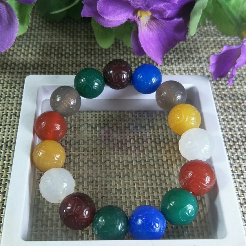 Natural Colour Agate Fret Round Bead Jade Bracelet Jewellery Lucky Exorcise Evil Spirits Auspicious Amulet Fine Jade Jewelry