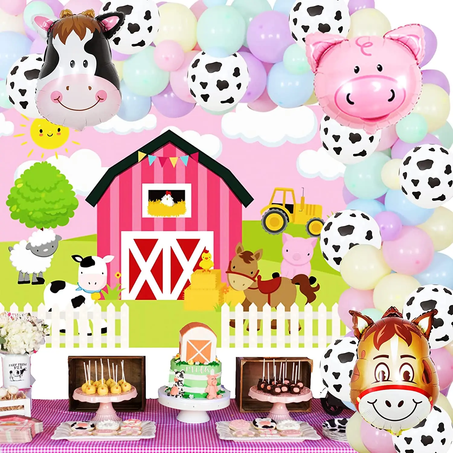 

Pastel Farm Animal Party Decorations Girl Farm Animals Balloon Arch Kit with Backdrop Farm Birthday Baby Shower Party Supplies