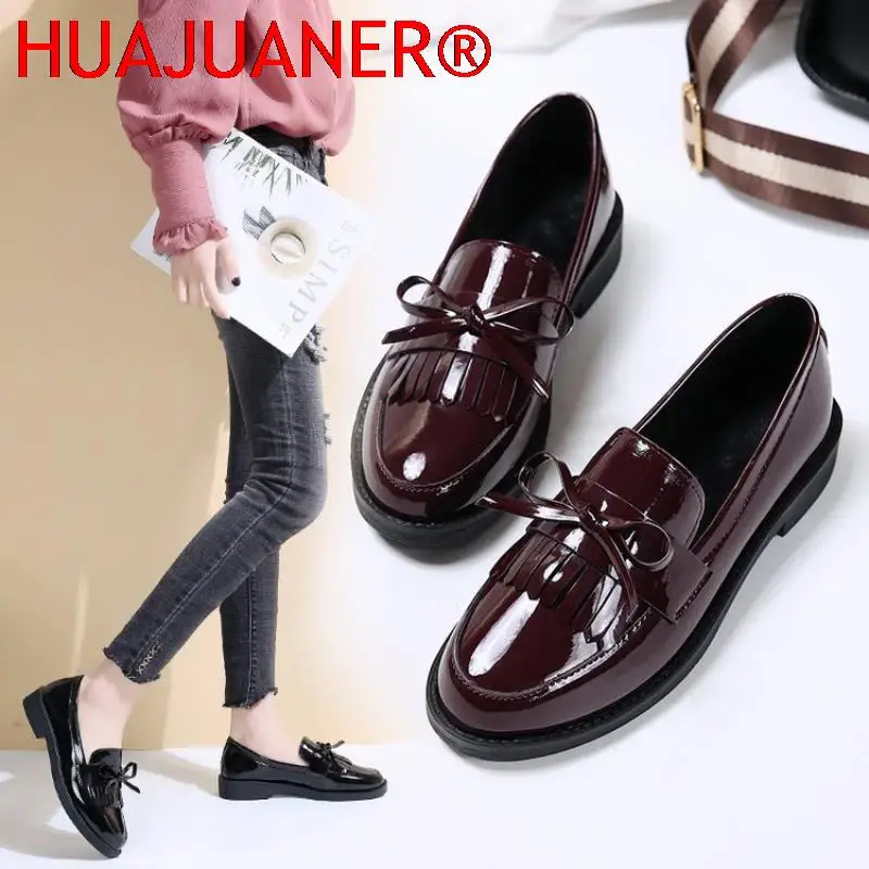 Black Patent Leather Women's Loafers Platform Slip on Shoes for Women 2026 New Spring British Tassel Casual Flats Shoes Woman