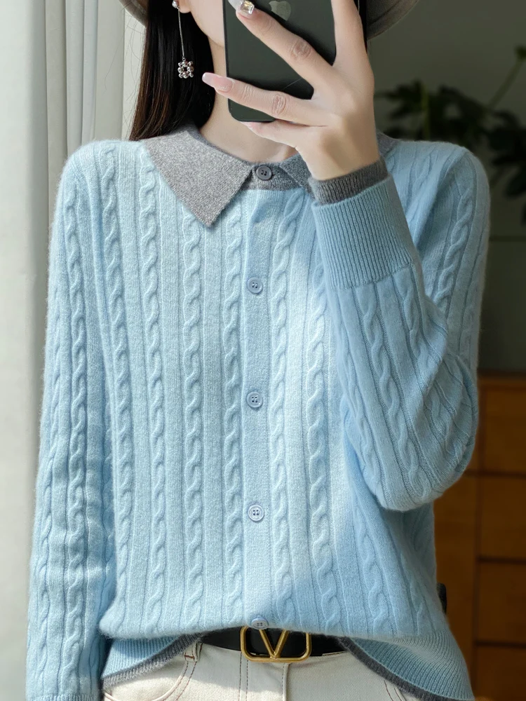 100% Merino Wool Women's Collar Color Blocked Fake Two-piece Knitted Sweater Casual Button Cardigan Cashmere Sweater