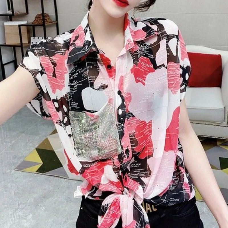 Simplicity Office Lady Summer Women\'s POLO Collar Printing Diamonds Button Lacing Fashion Loose Short Sleeve Chiffon Shirt Tops