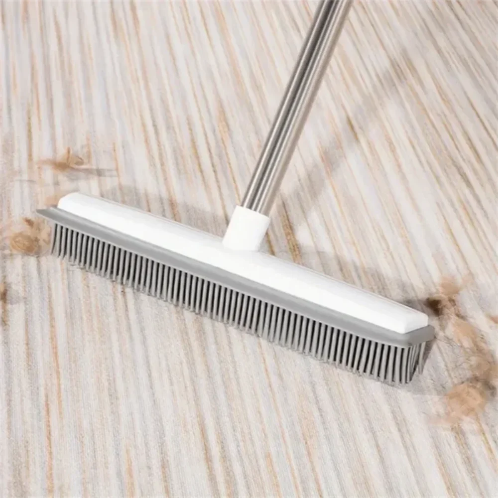 HLH Squeegee 2 in 1 Rubber Broom Soft with Squeegee Carpet Brush Long Handle Pet Hair Remove Broom Hardwood Floor No Scratch