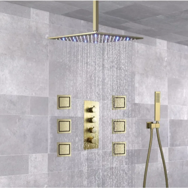 12-Inch Thermostat LED Polished Stainless Steel Rain and Jet/Massage Bathroom Shower Set, Ceiling Mounted Square Shower Head