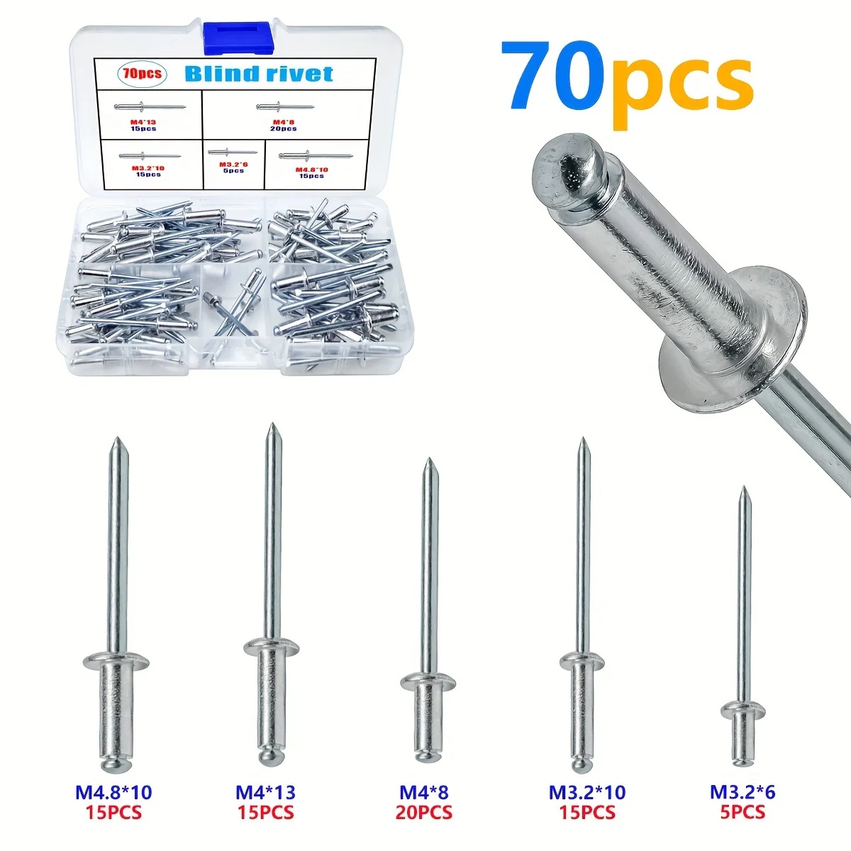 70-Piece Blind Rivet Set, 8 Sizes of Aluminum Hollow Rivets, Premium Blind Rivets with Label Storage Box, Furniture/Auto Repair Rivets, Home Appliance DIY Rivet Kit, Industrial-Grade Aluminum Rivets, High-Strength Round Head Hollow Rivets, Compartmentalized Blind Rivets, Sheet Metal Fastening Rivets, Household and Industrial Rivet Accessories, DIY Projects, Industrial-Grade Sturdy and Durable