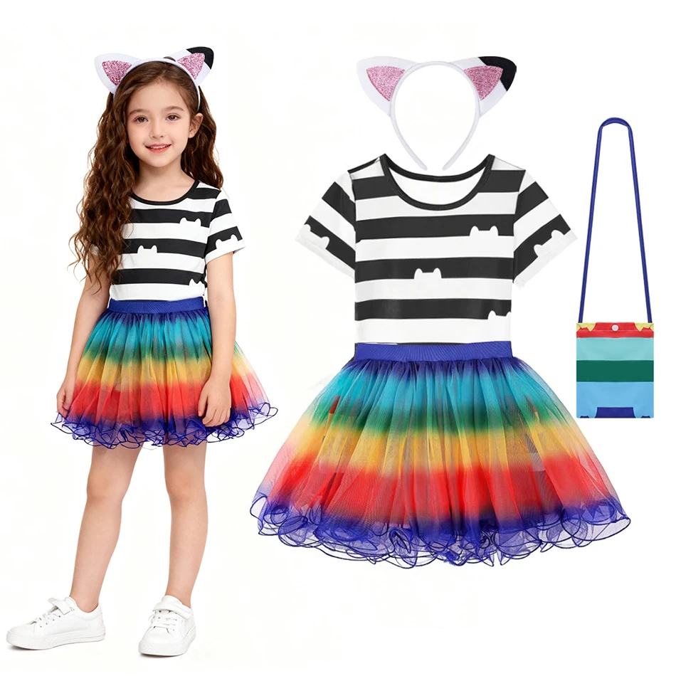 Mädchen-Tutu-Kleid-Set mit Katzenohren, Haarband, 3-teiliges ärmelloses Outfit mit Tasche, Gabby, gestreifter Tutu-Rock als Geburtstagsfeier-Geschenk