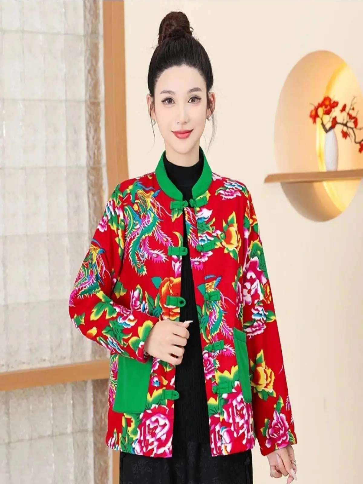 Thiened Fce 裏地付き大花柄コットンジャケット暖色系ブロ冬コートエスニックレトロ中国風女性用アウター