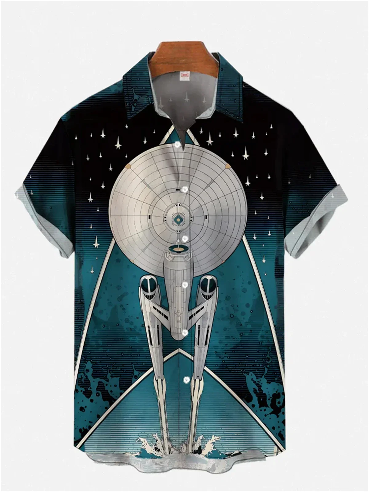 2024 new summer men's short-sleeved shirts comfortable and casual men's lapel spaceship print tops large size men's shirts