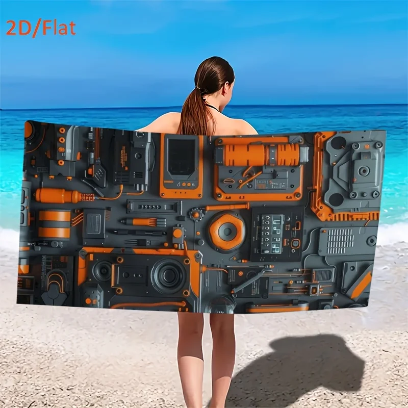 Vibrant Orange Gray Cyber Tech Print Beach Towel, Soft Quick Dry Oversized Bath Towel, Futuristic Summer Pool Accessory