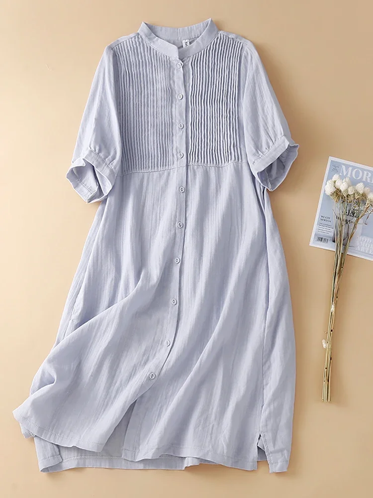 Cotton Women Clothes 2024 New Organ Pleats Stand Collar Short Sleeve Mini Dresses Patchwork Pleated Shirt Dress Vestido B74