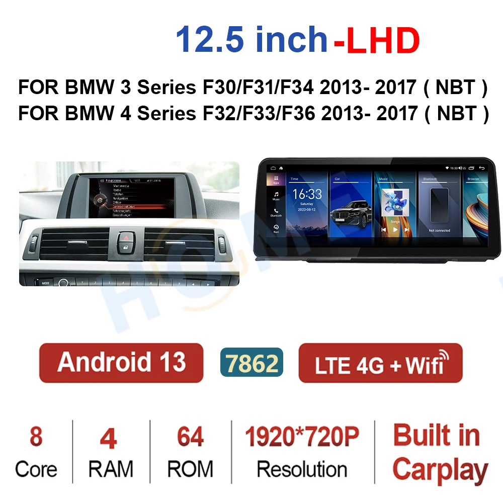 ZJZ 12.5インチ Android 13 8コア 128GB MTK7862 GPSナビゲーション ワイヤレス Apple CarPlay BMW 3/4シリーズ F30 F31 F32 F33 F34 ブルー-t対応