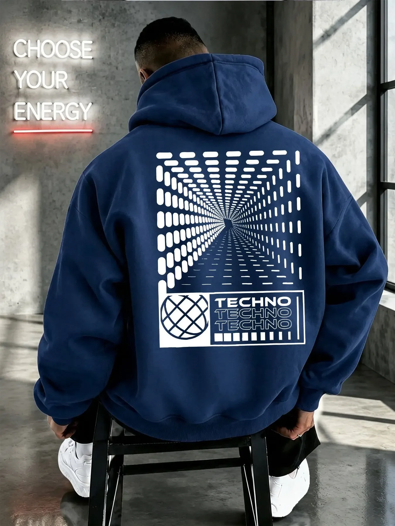 Autumn Winter Fleece Men Hoodie Cyber Techno Geometric Grid Tunnel Pattern Back Print Streetwear Loose Fleece Hoodie