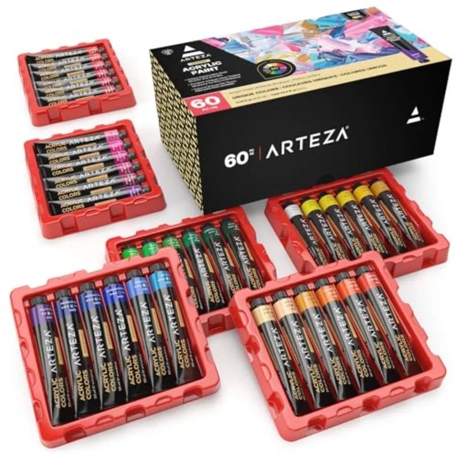 

ARTEZA Acrylic Paint Set, 60 Colors in 22 ml Tubes, High-Viscosity Acrylic Paints with 5 Metallic Colors for Canvas, Wood, Pape