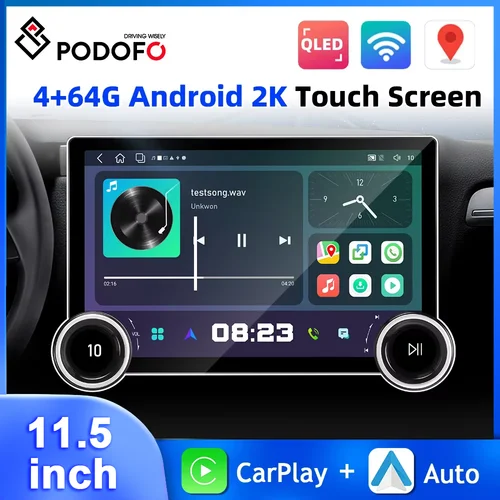 Podofo-カーマルチメディアプレーヤー,Android Auto Carplay, 2K qled画面,wifiと4G GPS, 2ノブオーディオ,10コア,4 64G, 11.5インチ