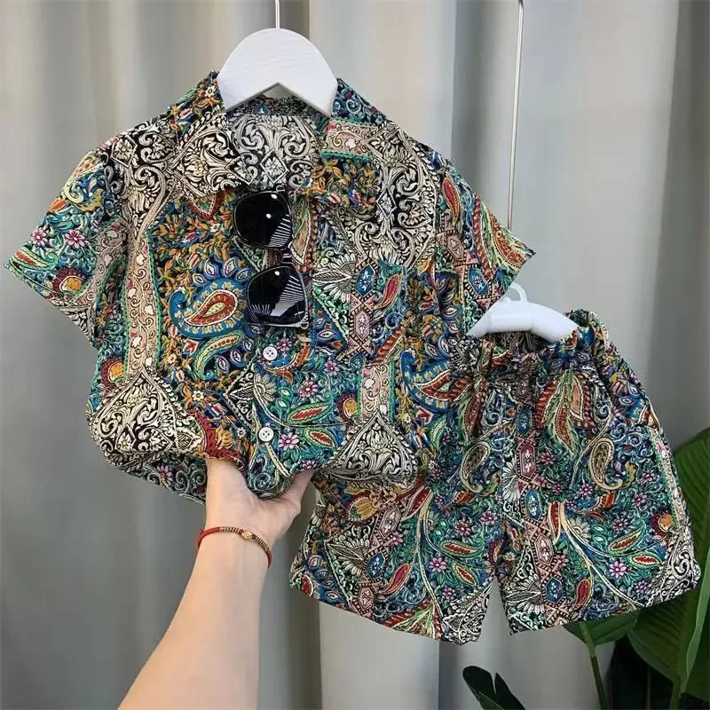 Kids Boys Pi Shuai Shirt Set 2023 New Fashionable Baby Summer Flower Shirts Childrens Cool Shuai Blast Street Two Piece Set