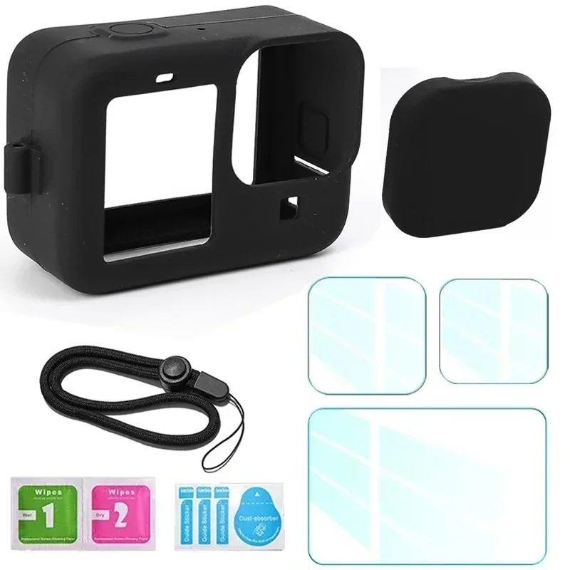 Para GoPro Hero 12 11 10 9 funda de silicona funda protectora cordón Protector de pantalla de vidrio templado tapa de lente para GoPro12 Pro11 10