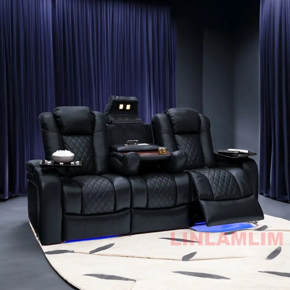 Luxury Dual Motors Power Reclining Sofa with LED Lighting, USB, Hidden Storage, Fold-Down Table & Tray – 3-Seat Recliner Sofa