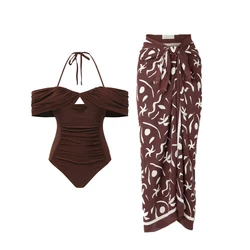 2023 New Brown Printing Simple And Fashionable Swimwear One-Piece Swimsuit Sling-Style Slim Gather Bikini High Waist Beachwear