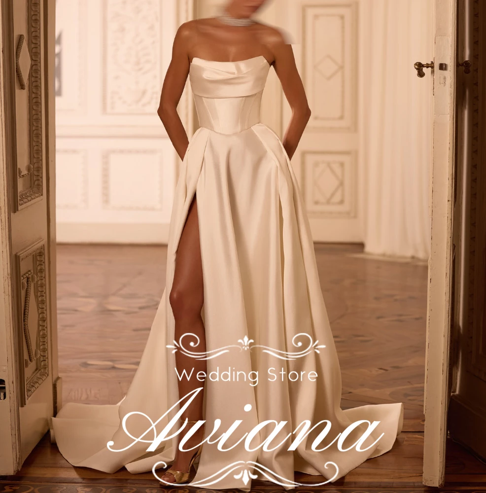 

Aviana Customized Scoop Side silt Corset A-Line Sweep Train Lace Up Back Pleats Ruching Modern Wedding Dresses Temperament Woman