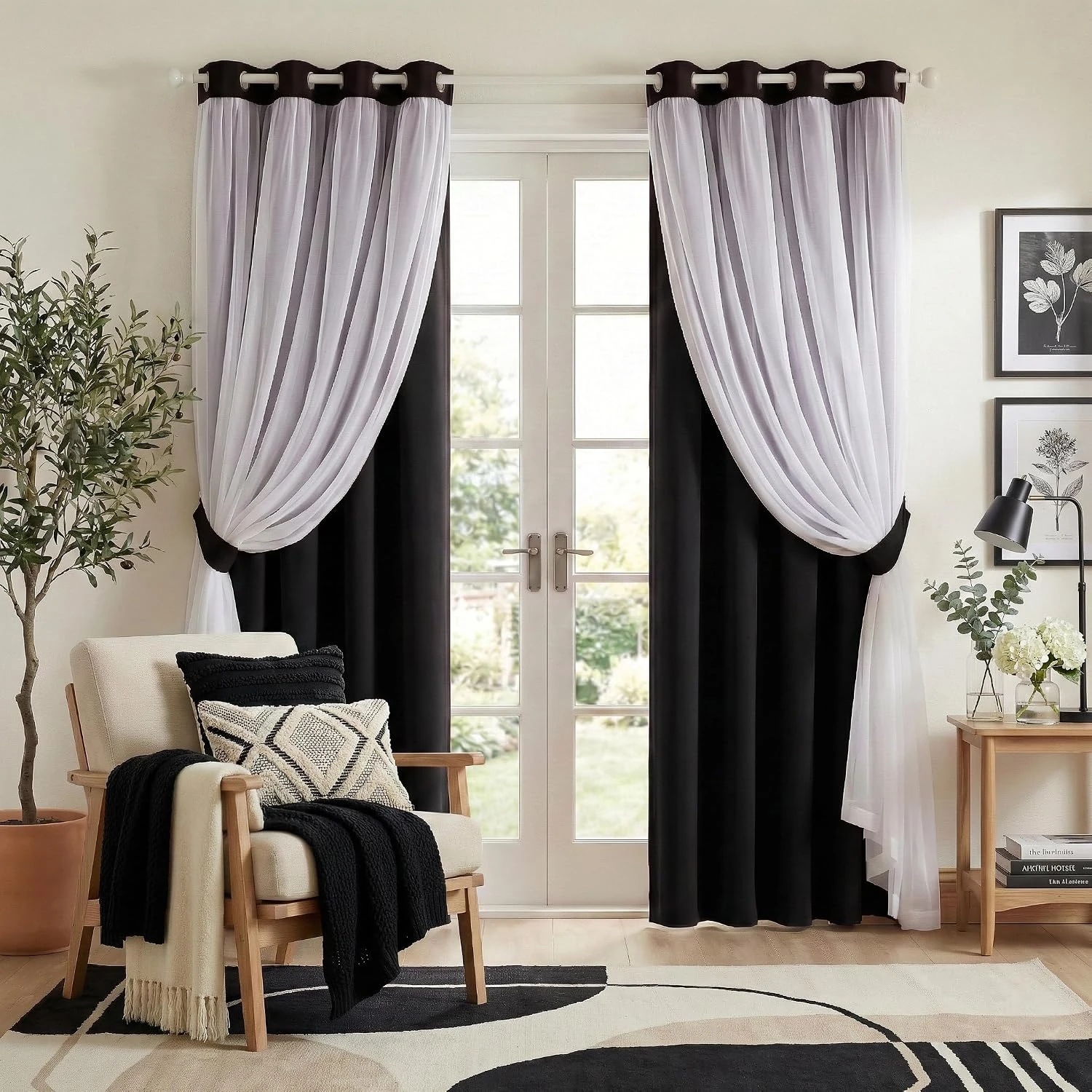 1 Panel Contrast Double Sheer Blackout Curtains, Minimalist Living Room Window Decor