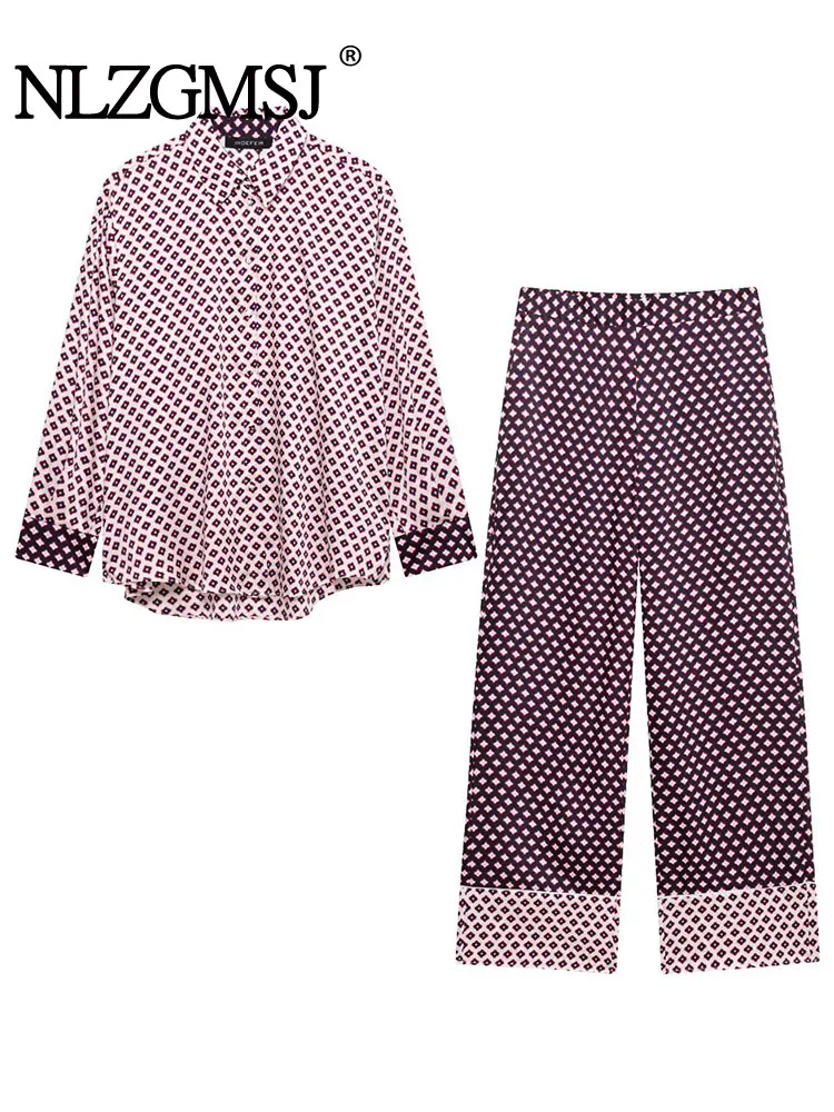 

Весна 2025 года, повседневный шикарный женский атласный костюм с принтом, рубашка на пуговицах с длинными рукавами, свободные прямые брюки, новый модный костюм