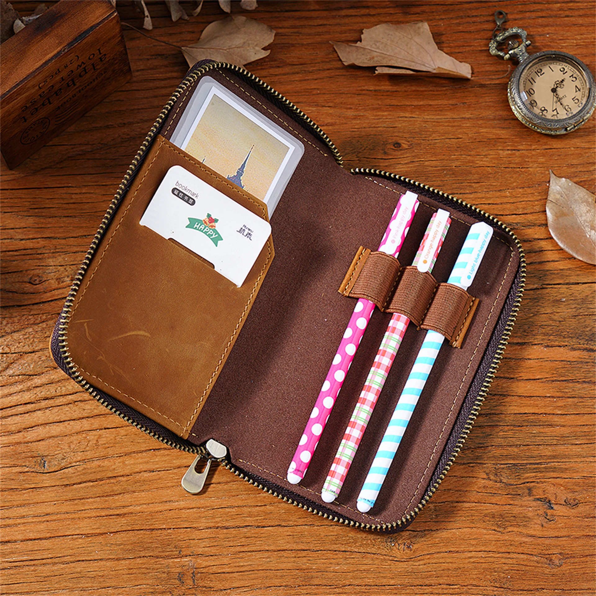 Three Pack Crazy Horse Cowhide Zipper Pen Case Pen Case Large Capacity Card Storage Bag Stationery Case