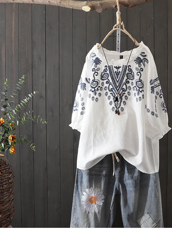 Retro étnico bordado algodão linho ort sve camiseta feminina solta plus size casual overhead irt verão wear