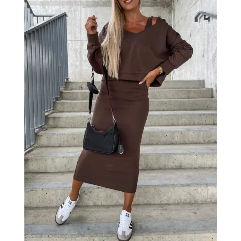 Long Sleeve Sweatshirt Coat Slim Fit Y2K Sweatshirt Tops Women Dress Sets Two Piece Sets Outfits Sheath Sexy Midi Dress