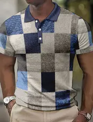 Men's Polo shirt lapel Polo button shirt color block plaid 3D pattern printed cuff outdoor street short-sleeved printed clothing