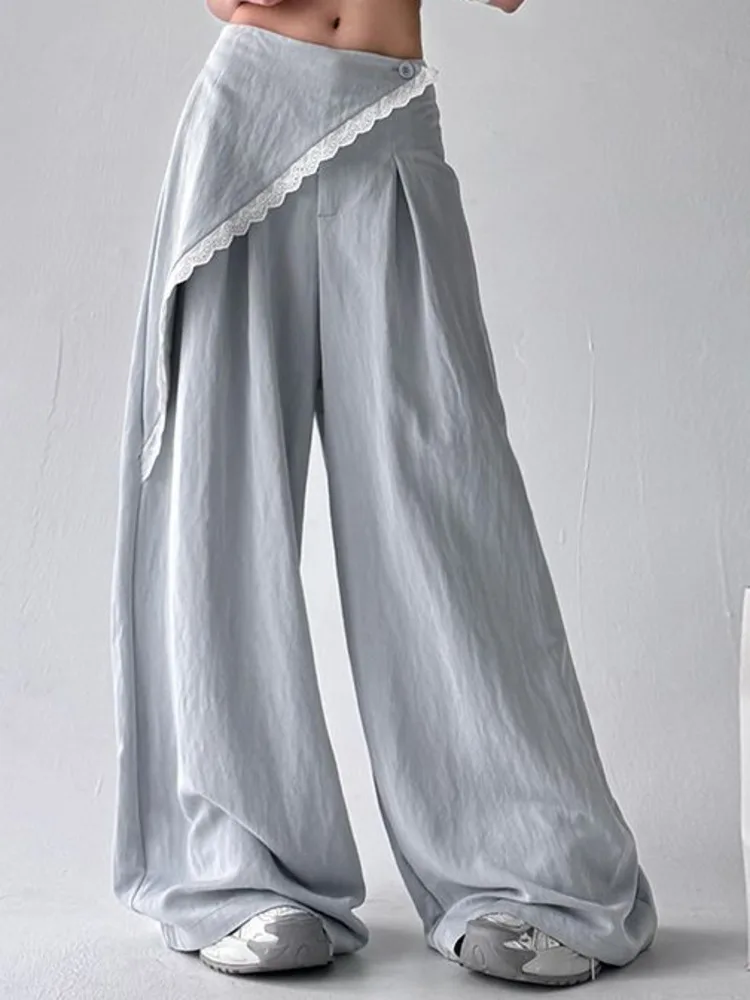 BJTZ الدانتيل حافة التطهير 2025 الربيع الصيف النساء عالية الخصر ضئيلة الربط مستقيم الساق عادية فضفاض معلقة السراويل وهمية قطعتين