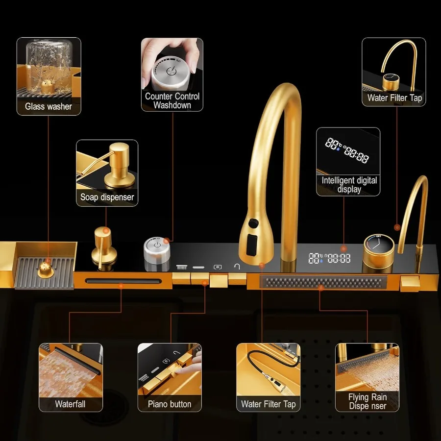 29.5 x 18 Inch Gold 304 Stainless Steel Smart Waterfall Kitchen Sink Set with Pull-down Faucet Drain Basket Inside-Basin Organi